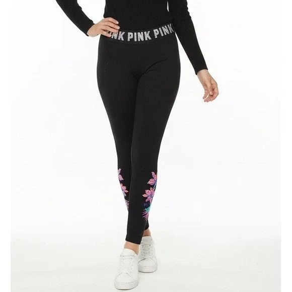 VS PINK Hibiscus Bling Yoga Leggings Wmns L Sequin Activewear Blk/Pink Y2K - Picture 2 of 6
